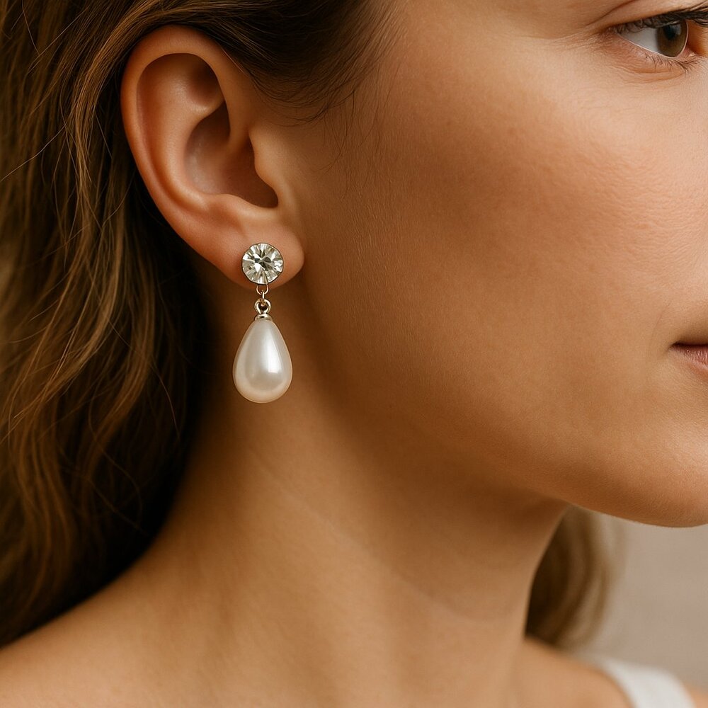 Freshwater Pearl Drop Earrings with Rhinestone Studs